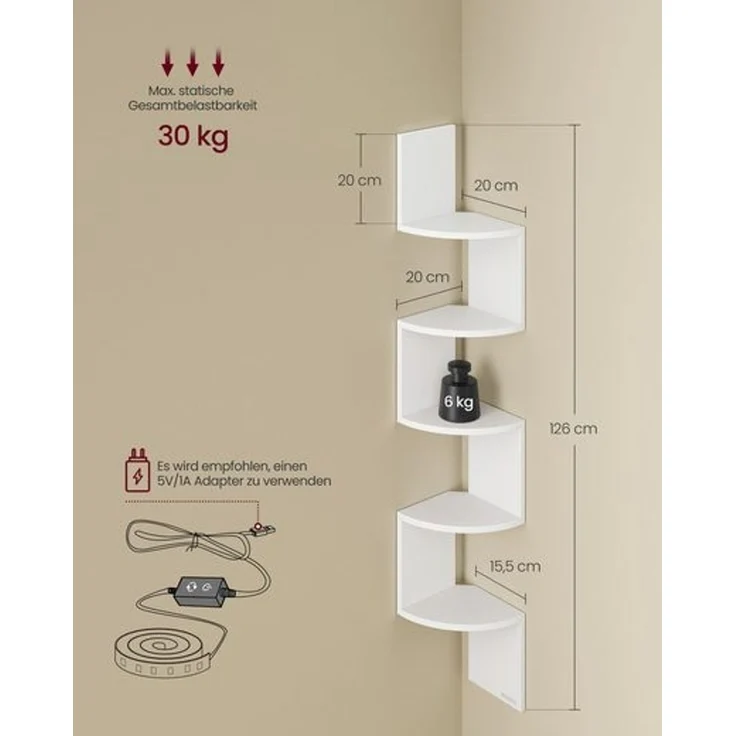 VASAGLE Eckregal mit LED-Beleuchtung, Wandregal 5 Ebenen, Schweberegal für Bücher, Bücherregal, Pflanzenregal für Schlafzimmer, Wohnzimmer, Badezimmer, Homeoffice, mattweiß LBC630W01 – Bild 5