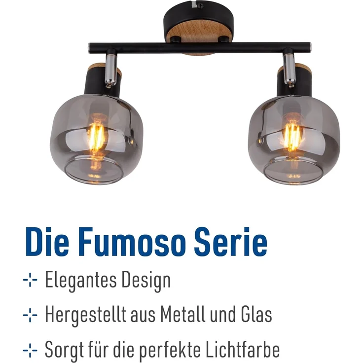 näve Deckenleuchte Fumoso, ohne Leuchtmittel, Warmweiß, Smoking Glass (dunkel getönt), Metall/Schwarz, schwenkbar, 2-flammig – Bild 2