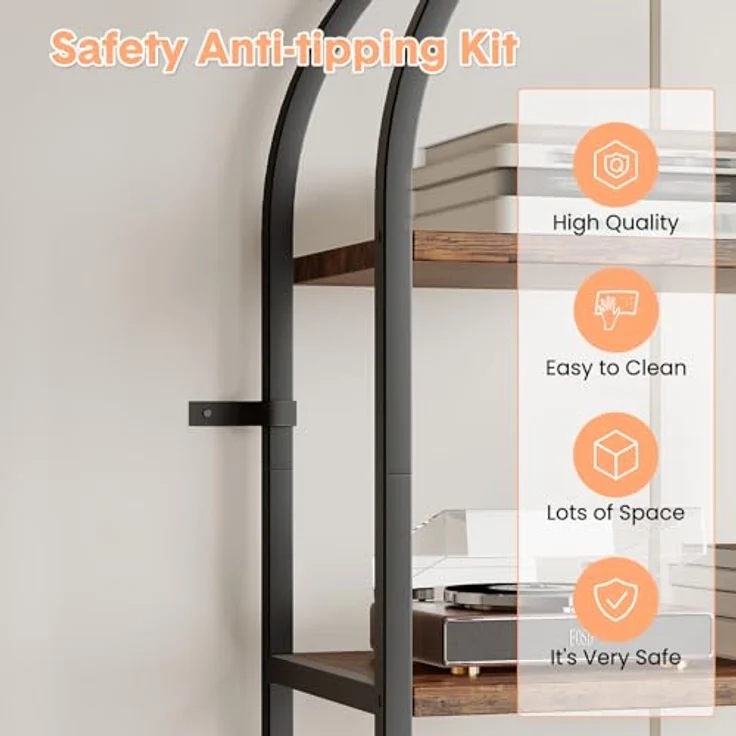 GarveeLife Bücherregal mit 5 Ebenen, 60x28x180cm, Industrielles Gebogenes Bücherregal mit Offenen Regalen für Zuhause, Büro, Wohnzimmer, Schlafzimmer, braun – Bild 2