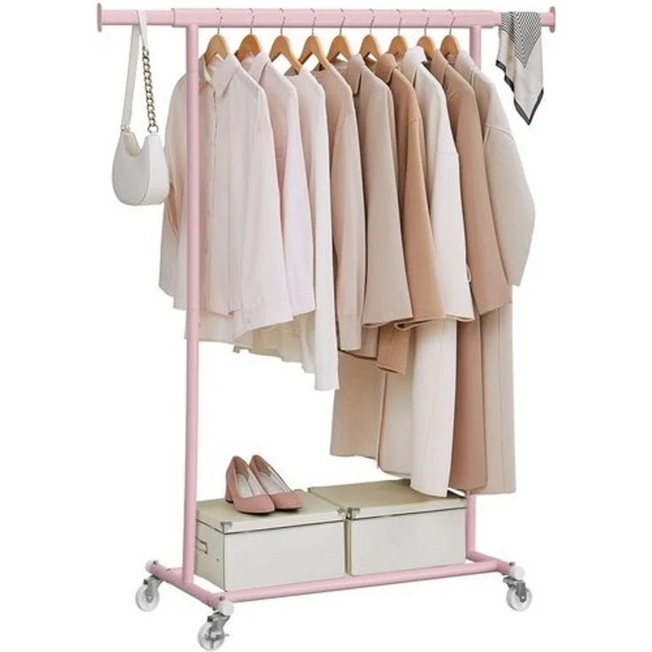 Songmics Kleiderständer auf Rollen, Garderobenständer, ausziehbare Kleiderstange, bis 90 kg belastbar, einfache Montage, transportabel, pastellrosa – Bild 1