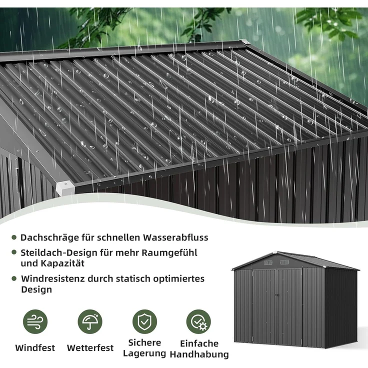 Aoxun Großes Gerätehaus aus Metall 235x171x196cm, wetterfestes Gartenhaus mit Doppeltür & Satteldach, abschließbarer Geräteschuppen für Garten, Hinterhof, Terrasse,Schwarz – Bild 7