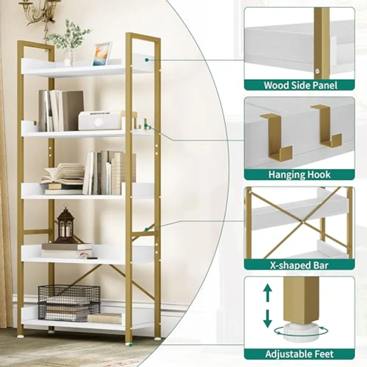 YITAHOME Bücherregal 5 Etagen, Stehend Offen Bücherregal, Metal Schmal Hoch mit 4 Haken Industrielles Lagerregal für Wohnzimmer, Heimbüro, Golden – Bild 4