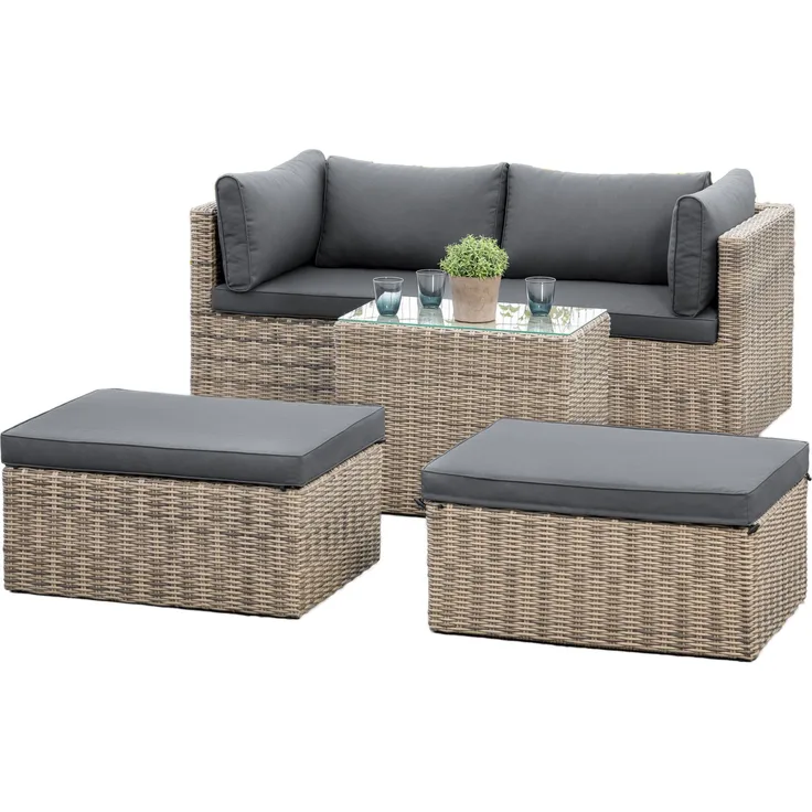 Matera Lounge Set, Bank, zwei breite Hocker, Tisch