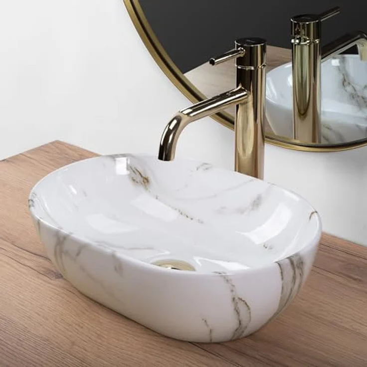 Rea Aufsatzwaschbecken MINI AIAX SHINY, Keramik Waschschale für Badezimmer, 380x260x120mm, Steinimitation, ohne Hahn- und Überlaufloch – Bild 5