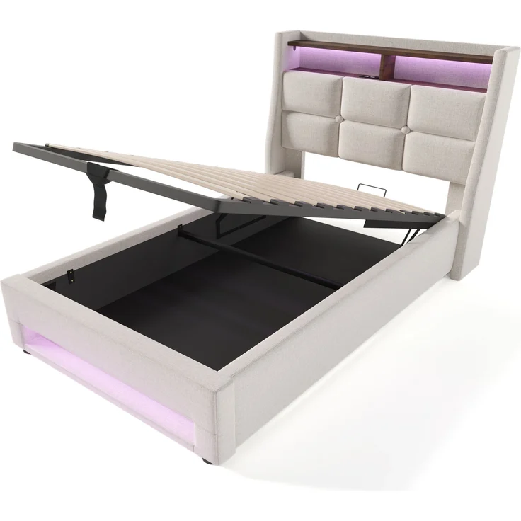 Polsterbett 90x200 cm, Leinen mit LED & USB-Anschluss, Stauraum, Beige, ohne Matratze – Bild 8