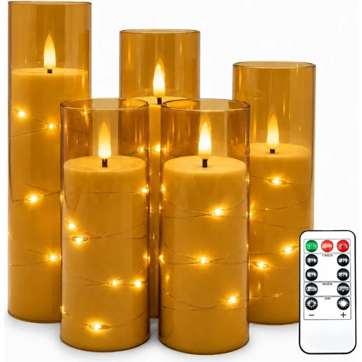 Da by 5 Stück Champagner LED Kerzen mit Feenlichtkette, Schwarzer Flackerflamme, Champagner Glasabdeckung, Batteriebetrieben mit Fernbedienung, Wetterfest für Innen- & Außendekoration