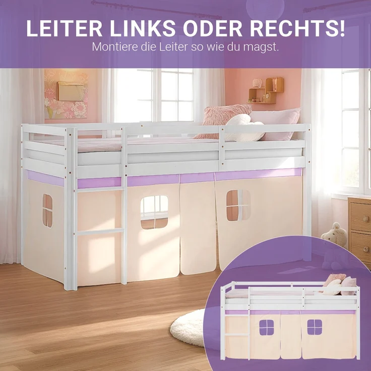 Hochbett Kinder 90x200 cm Kinderbett Kinderhochbett Stockbett Vorhang Lila Peach Leiter Holz Massiv – Bild 6