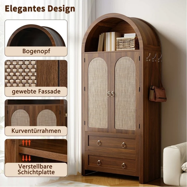 BlingBin Hochschrank Mehrzweckschrank Highboard Sideboard (Aufbewahrungsschrank mit Bogenform, 1-St, mit Rattantüren, offenen Regalen, 2 Schubladen, seitlichen Haken) 80x40x180 cm, Retro Vintage Schrank für Wohn- und Schlafzimmer – Bild 3