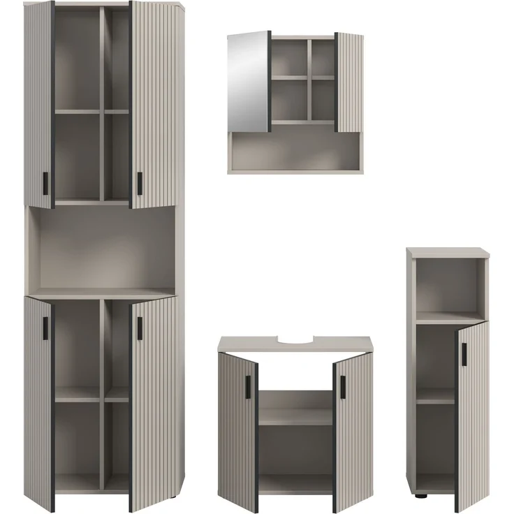 xonox. home – Badkombination Mone 180 x 192 x 30 cm in Kaschmir Nachbildung – 4-teiliges Set inkl. 2 Badschränken, Waschbeckenunterschrank & Spiegelschrank – Großzügiges Möbel-Set für perfekte Ordnung – Bild 3