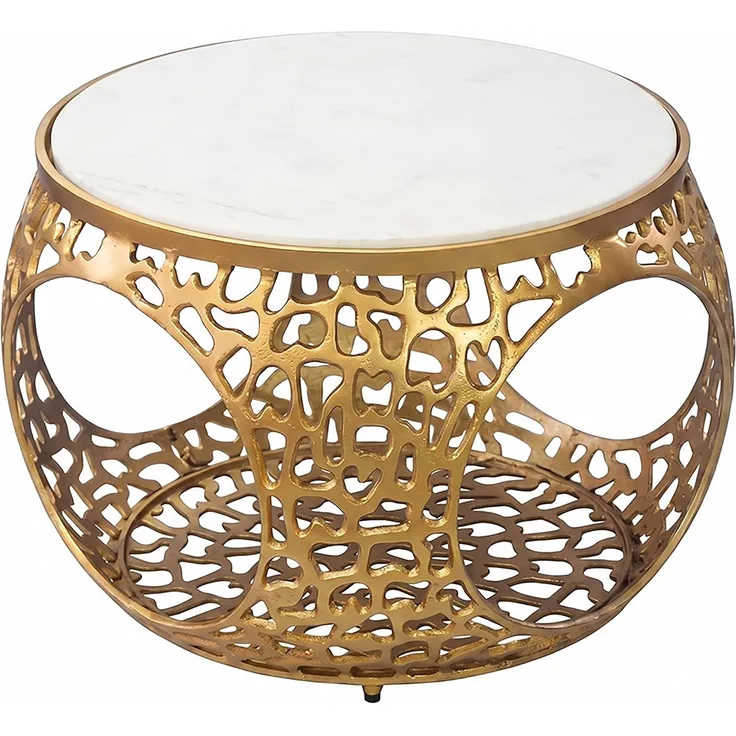 Couchtisch 60cm Aluminium Gold mit weißer Marmor Tischplatte - Runder Wohnzimmertisch mit Stauraum - Design Sofatisch - Moderner Loungetisch - Edler Beistelltisch Wohnzimmer Handgefertigt