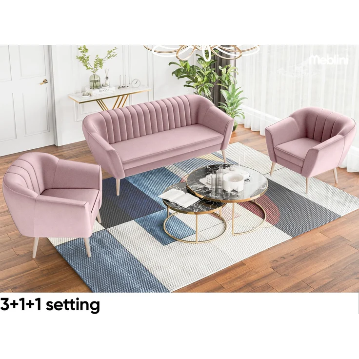MEBLINI Mini Sofa 3-Sitzer für Wohnzimmer - Mini Lounge für drei Personen - Küchensofa - Sofa Klein - KAIA - 3 - Rosa Samt – Bild 3