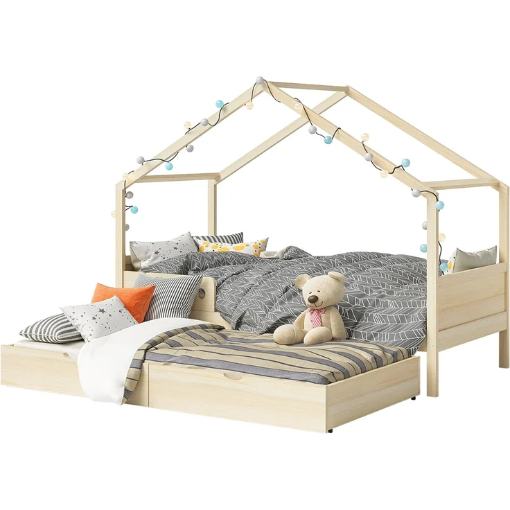 Bellabino 'Bela' Hausbett 90x200 cm mit Gästebett 90x190 cm, natur, Kiefer Massivholz, Montessori Kinderbett mit Ausziehbett, inkl. Rausfallschutz und Lattenrost – Bild 11