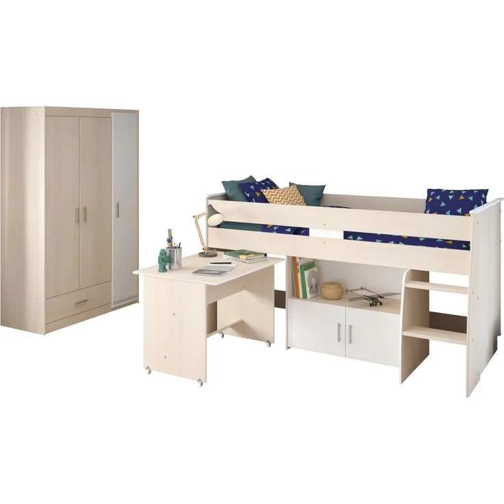 Jugendzimmer-Set >Charly 6< Funktion-Hochbett und Kleiderschrnak in Akazie Dekor / Weiß – Bild 4