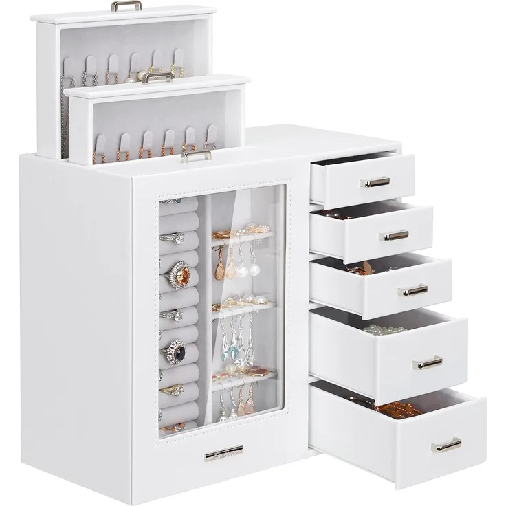 Yorbay Schmuckkasten Groß mit 8 Schubladen, Schmuckkoffer mit Glasfenster für Damen, Schmuckschatulle für Halsketten, Ringe, Armbänder, Ohrringe