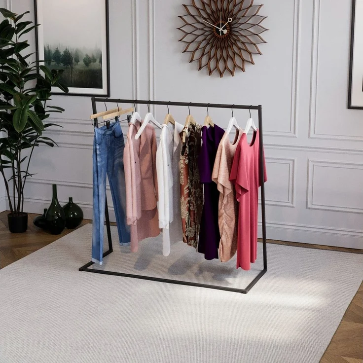 QLS Kleiderständer aus Stahl 124 x 126 cm, Stabil Freistehend Schwarz – Bild 2