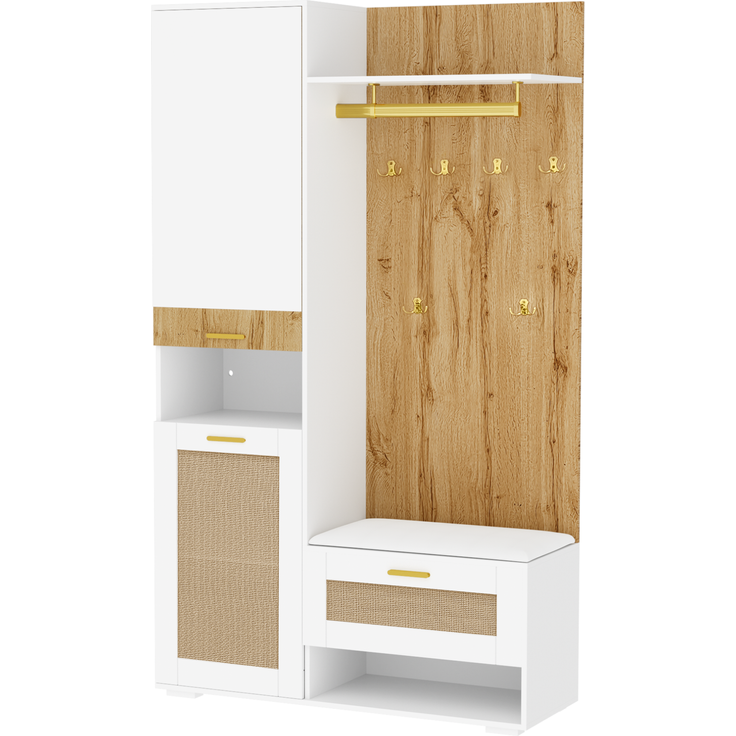 Garderoben-Set mit Spiegel, LED-Beleuchtung und Sitzbank, 110x38x190 cm, Weiß/Holz – Bild 8