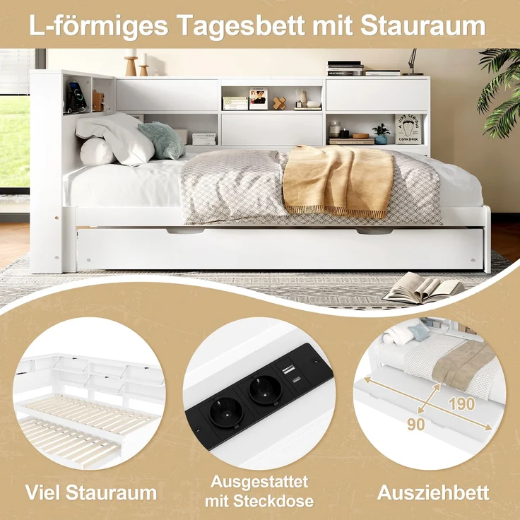 Daybett aus Massivholz mit Stauraum & Ausziehbett, 90x200 cm, Weiß, ohne Matratze – Bild 5