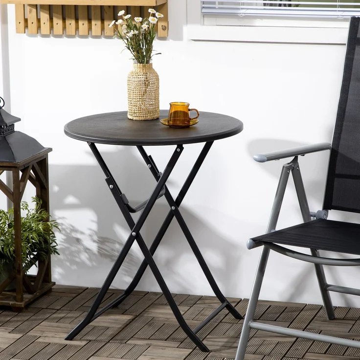 Klapptisch 60x60x73 cm, runder Gartentisch in Holzoptik mit stabilem Stahlrahmen – Bild 1