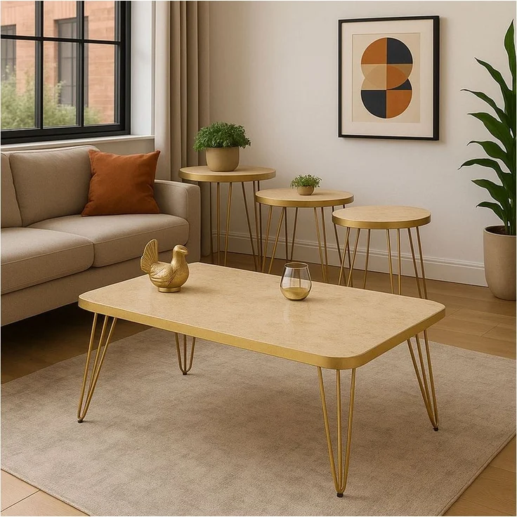 Jungengel Couchtisch Set 4-teilig Travertin Creme Gold Wohnzimmer Beistelltisch Naturstein (4-St, 4-teiliges Tisch-Set), Luxus Couchtisch-Set Travertin Creme mit goldenen Metallbeinen – Bild 1