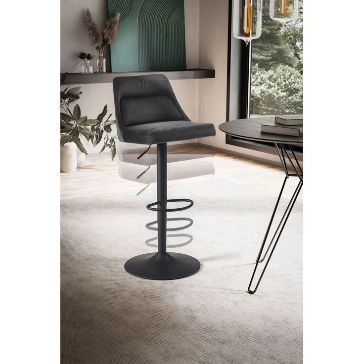 Barhocker Samt Grau mit Lehne höhenverstellbar 86-106cm Metallfuß gepolstert – Bild 5
