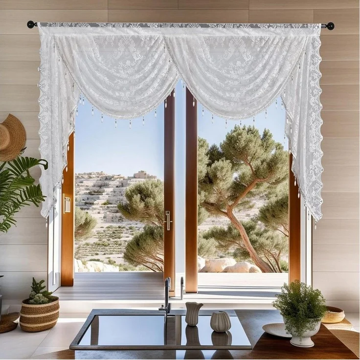 Minicloss Vorhang Boho Vintage Vorhang mit Perlenquasten, halbtransparenter Küchenvorhang mit floraler Stickerei – Bild 3