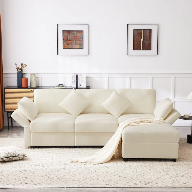 Ecksofa mit Hocker, Zierkissen und Rückenlehnen, L-Form, Armlehnen verstellbar, inkl. Federkern, Polstersofa, Loungesofa, Chenille – Bild 3