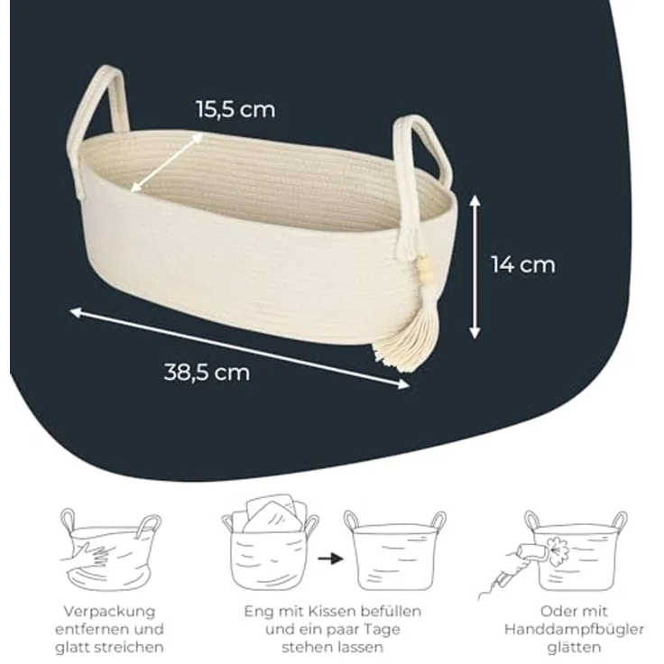 HMF Aufbewahrungskorb Aufbewahrungskorb Badezimmer, Korb für bis zu 3 Rollen Toilettenpapier, handgenäht aus Baumwolle, Badezimmerkorb, 38,5 x 15,5 x 14 cm, Creme – Bild 5