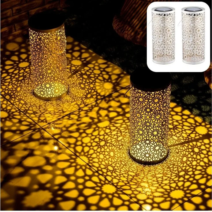Marrakesch Orient & Mediterran Interior LED Solarleuchte 2er Set Orientalische Solarlaterne Noum edel aus Metall in Weiß 30 cm, LED fest integriert, Handarbeit – Bild 2