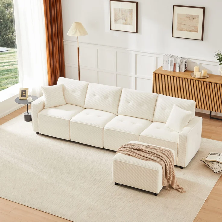 Merax 280cm Großes Sofa, 4-Sitzer Corduroy Sofa, mit Stauraum unter den Sitzflächen, inklusive eines frei platzierbaren Hockers, Beige – Bild 6
