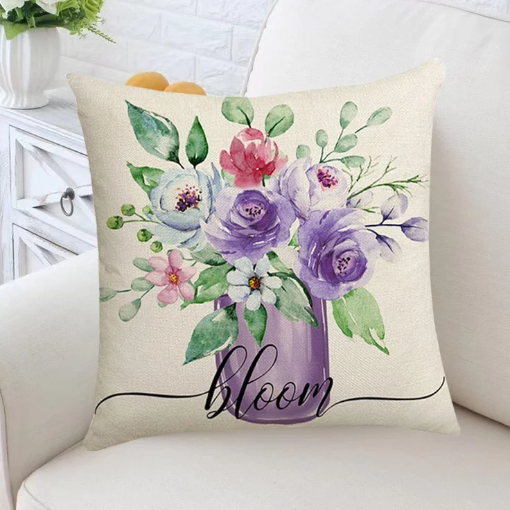 Kissenbezüge 45×45 cm 4er-Set Lila Blumen, Frühling Farmhouse Dekokissen, Sofa Wohnzimmer – Bild 2