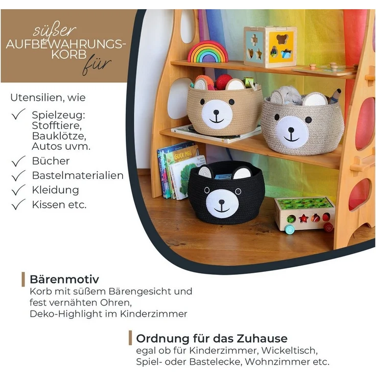 HMF Aufbewahrungskorb Aufbewahrungskorb mit versteckten Griffen, Korb für Kinderzimmer aus Baumwolle, Bär, Schwarz – Bild 2