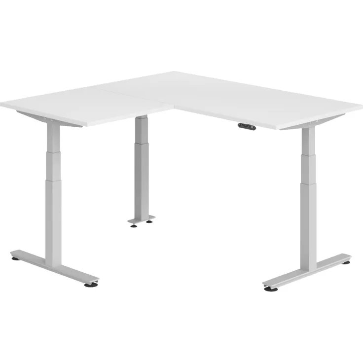 bümö Eckschreibtisch elektrisch höhenverstellbar L-Form: 160 x 160 cm in weiß, Gestell silber - Stehschreibtisch mit Memory-Steuerung, elektrischer XXL Schreibtisch für die Ecke, XDSMW-1608-W-S