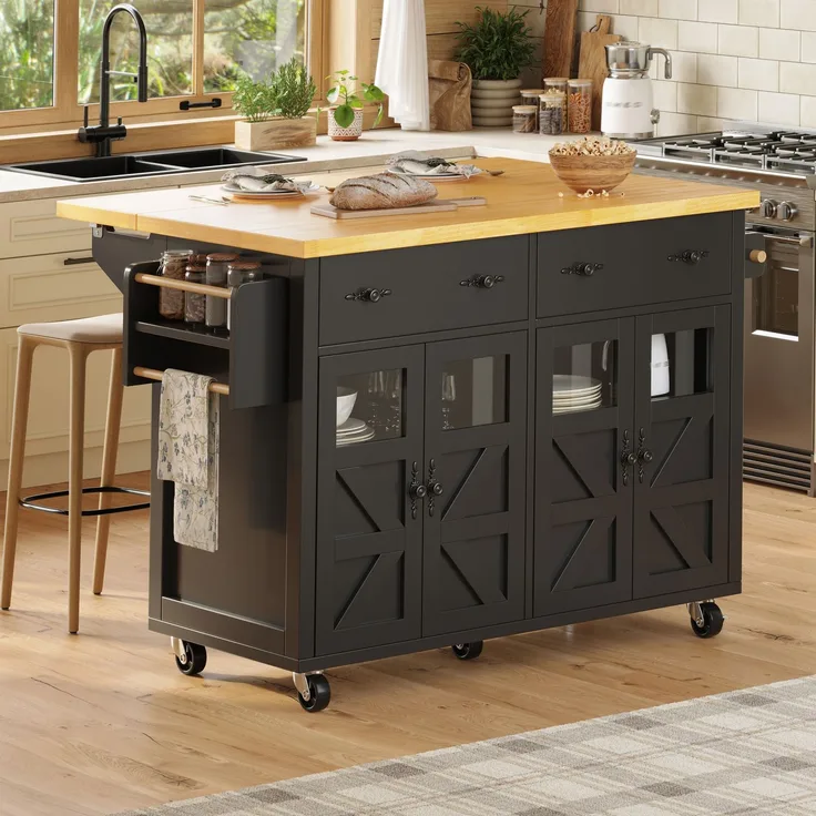 Servierwagen 140 x 45/73 x 93,5 cm, aus MDF in Schwarz, ausziehbar mit Schublade und Rollen