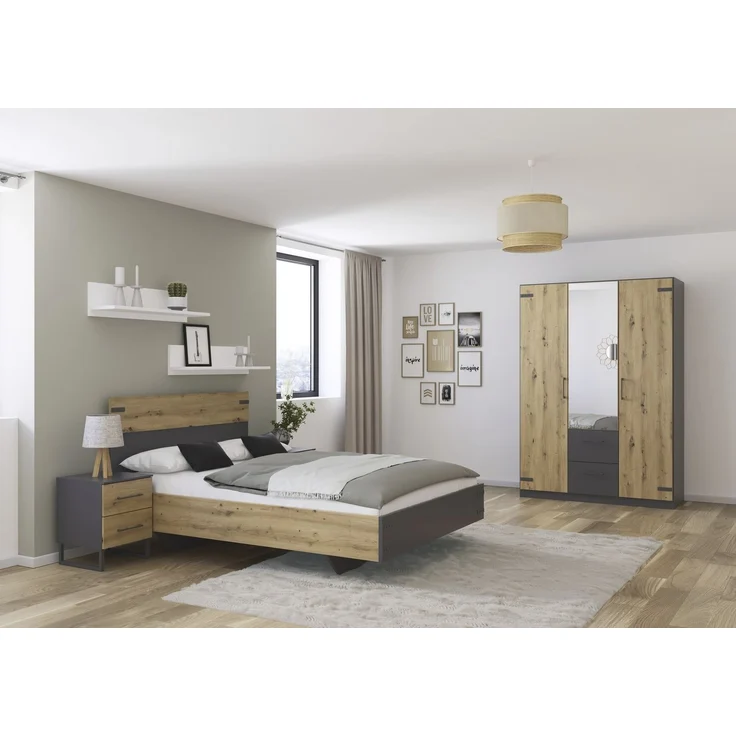 Schlafzimmer-Set >Butte< (3-teilig) in grau metallic / Eiche Artisan Dekor – Bild 1