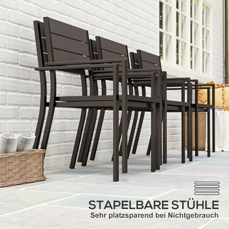 Outsunny Garten-Essgruppe mit 6 stapelbar Stühlen, geschlitzte Tisch, (Essgruppe für 6 Personen, 7-tlg, 7-teilig Sitzgruppe), für Terrasse, Balkon Dunkelbraun – Bild 4