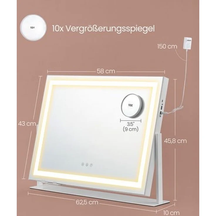 SONGMICS Schminkspiegel, mit LED-Beleuchtung, Touch-Steuerung, 15 LED-Glühbirnen, mit Ladeanschlüssen, 10x Vergrößerungsspiegel, 3 Lichtfarben, dimmbar, Handyhalter, Glas/Stahl/MDF mattweiß, 10 x 62,5 x 45,8 cm – Bild 5