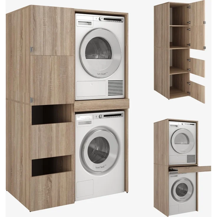 PLATAN ROOM Hochschrank Badschrank Waschmaschine Trockner Schrank Waschmaschinenschrank für Waschmaschine & Wäschetrockner Überbauschrank 187 x 65 x 45/66 cm Badregal (Eiche Sonoma, 111 cm (45+66))