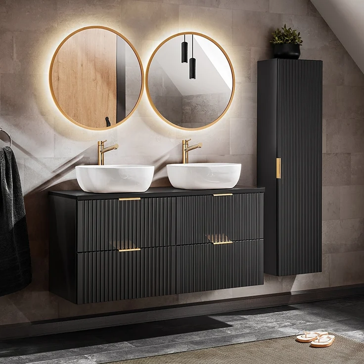 Waschtischunterschrank 120cm ADELAIDE-56-BLACK in matt schwarz mit gerillter Front, B/H/T 120,6/59,2/46,5 cm – Bild 9
