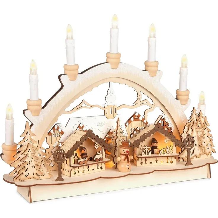 BRUBAKER LED Lichterbogen Schwibbogen mit LED Kerzen - Weihnachtsmarkt - Deko für Fenster, Weihnachtsbeleuchtung aus Holz Natur - Handbemalte Weihnachtsdeko