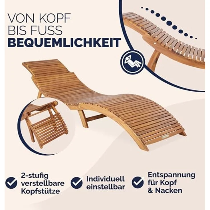 Casaria 'ERGO' Sonnenliege, 2 Stück, Akazienholz, faltbar mit Tragegriff & Kofferfunktion, braun, 17 x 90 x 60 cm – Bild 3