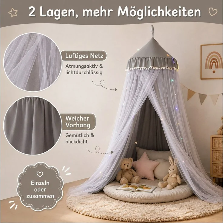 LMaxhome Himmelbett Doppellagiger, Betthimmel mit Moskitonetz, Lichtschutz für Kinder (1-tlg), 270 cm hoher Baldachin fürs Kinderzimmer, 65-cm-Ring, Deckenmontage – Bild 3