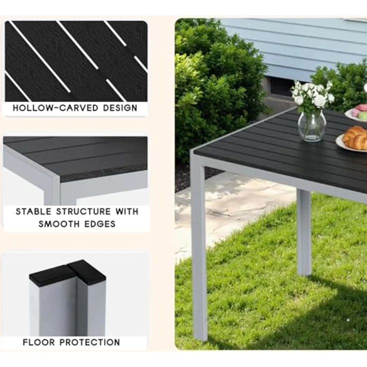 Clevich Gartentisch Wetterfeste, 110x70 cm, Outdoor-Esstisch, WPC-Balkontisch, Aluminiumrahmen, Wetterfeste Gartenmöbel, quadratischer Terrassentisch, Silber Grau – Bild 5