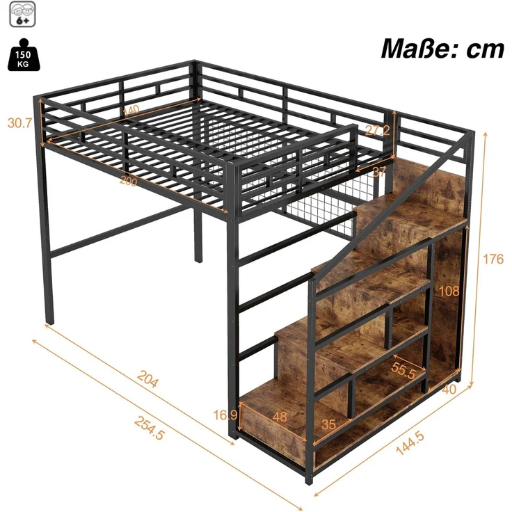 Hochbett mit RGB LED-Streifen, Rausfallschutz, 140x200cm, Treppe mit Regal und Kleiderschrank, Kinderbett, Metallbett – Bild 6