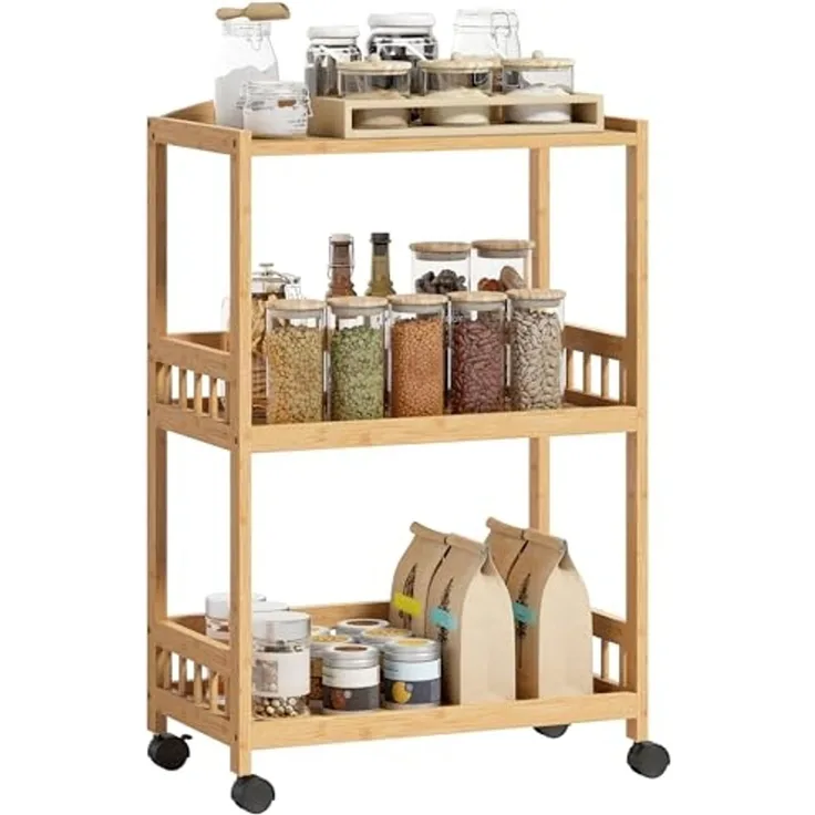 HOMCOM Küchenwagen Küchenrollwagen Allzweckwagen mit 3 Ebenen Stauraum, (Servierwagen, 1 St, Rollwagen), für Küche Bad Büro Wohnzimmer Naturholz