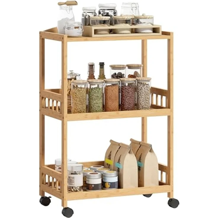 HOMCOM Küchenwagen Küchenrollwagen Allzweckwagen mit 3 Ebenen Stauraum, (Servierwagen, 1 St, Rollwagen), für Küche Bad Büro Wohnzimmer Naturholz – Bild 1