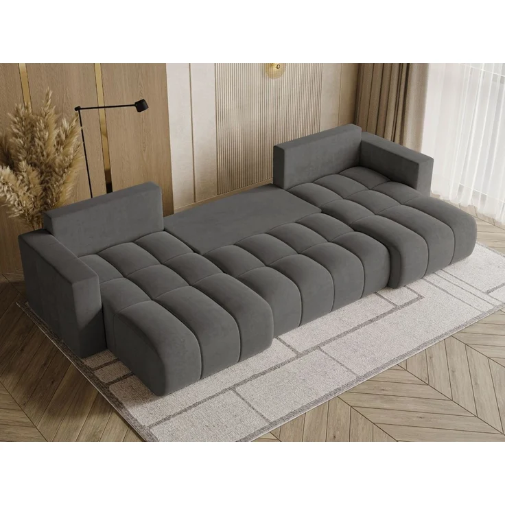 GRAINGOLD Ecksofa U-Form Neva U, Ecksofa mit Schlaffunktion, Bettkasten, mit losen Kissen, Velour-Stoff, Dunkelgrau – Bild 4