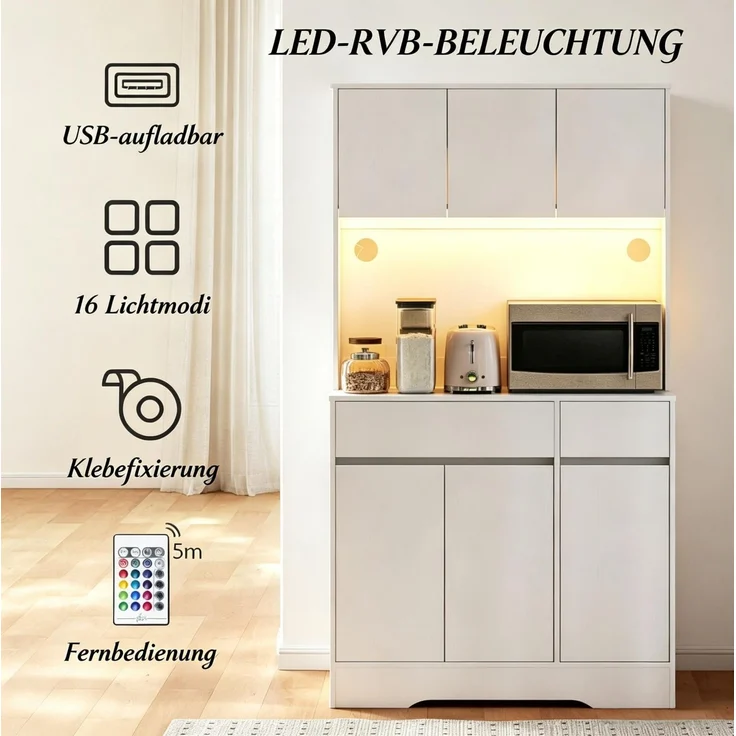 Küchenbuffet mit Arbeitsfläche, RGB-LED und 6 Türen, 100x38x180 cm, Weiß – Bild 5