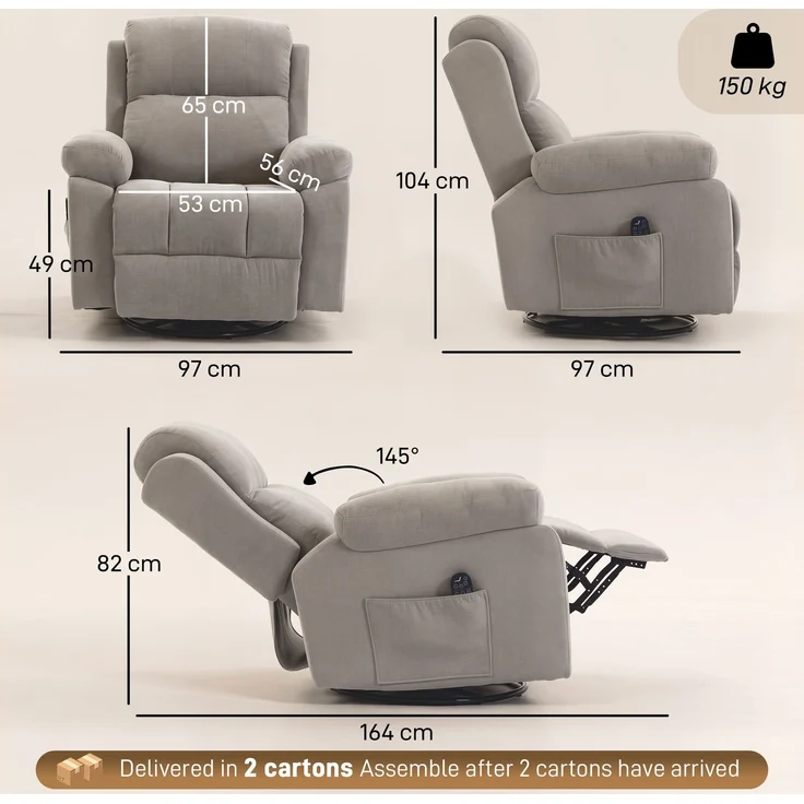 Wohnora-Relaxsessel Fernsehsessel 360° Drehbarer Massagesessel mit Wärme, Massage, Chenille-Optik, Beige,H 1040cm x T 970cm x B 970cm – Bild 4