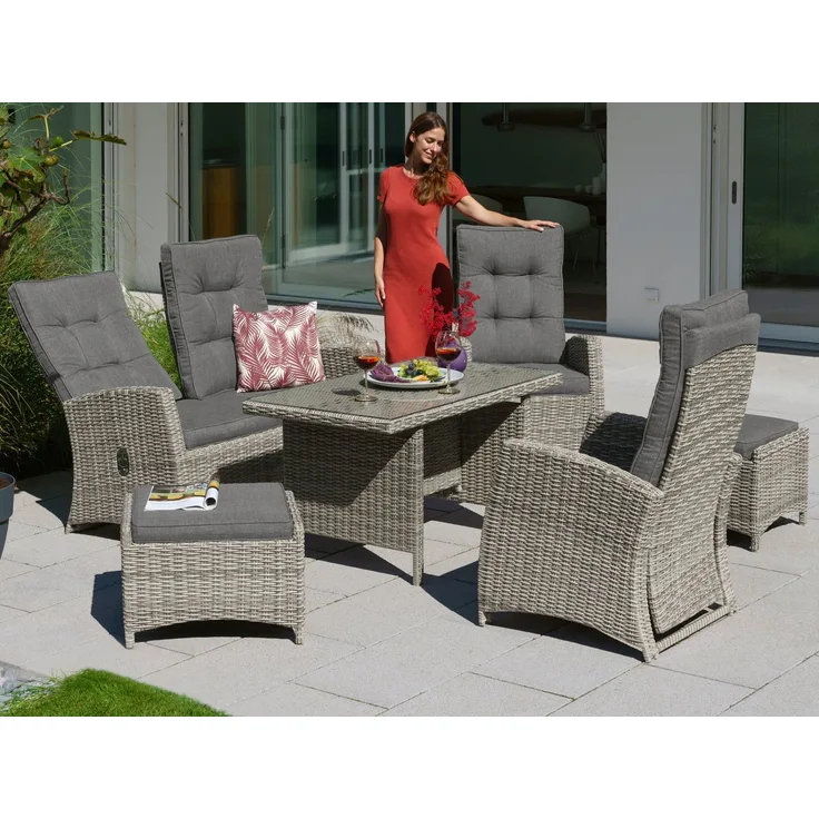 KONIFERA Garten-Essgruppe Monaco, (Set, 16-tlg, 1x2er Sofa, 2x Sessel, 2x Hocker, 1x Tisch 120x70x66cm, inkl. Auflagen), Polyrattan, Aluminium, Rückenlehne verstellbar, Grau