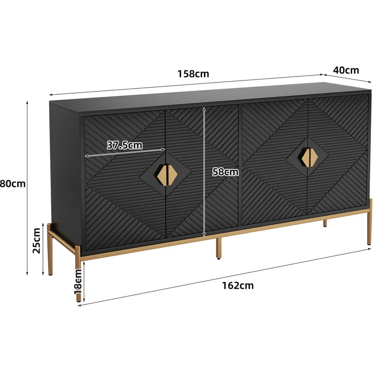 DESVIAE Sideboard mit 4 Türen und geometrischem Muster 162x80x40 cm MDF/Spanplatte Schwarz – Bild 10